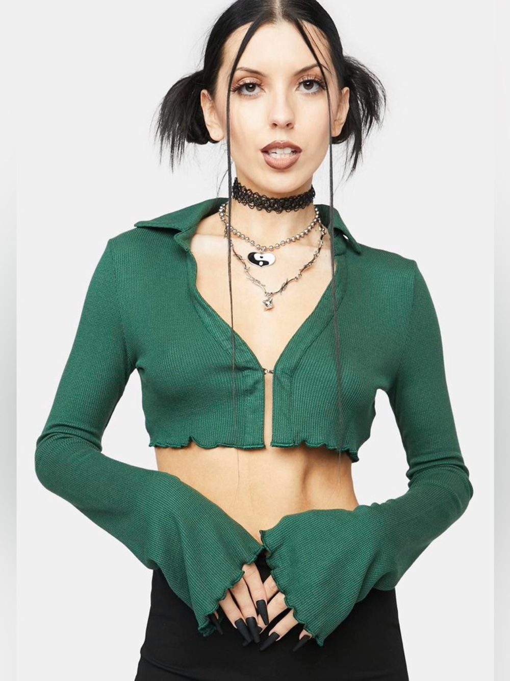Edikted Emerald Green Waffle Knit Crop Top with Collar